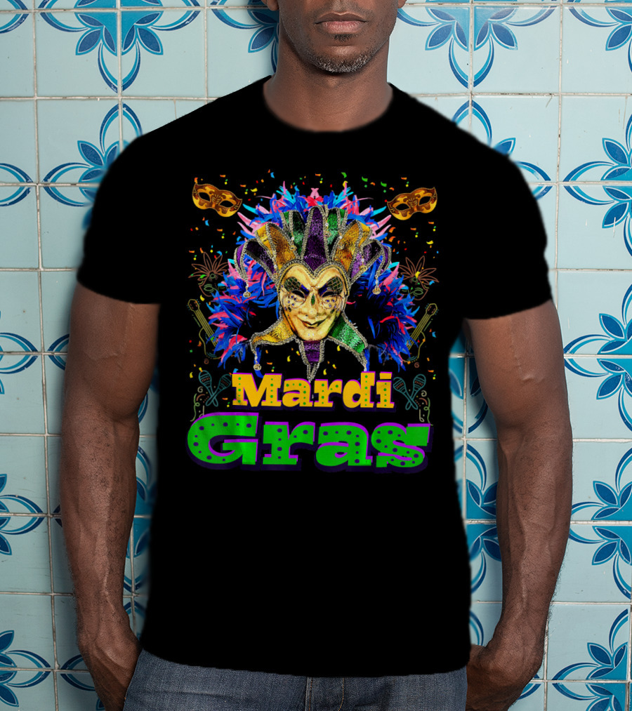 Mardi Gras New Orleans Mask Bead Colorful Jester Carnival T-Shirt