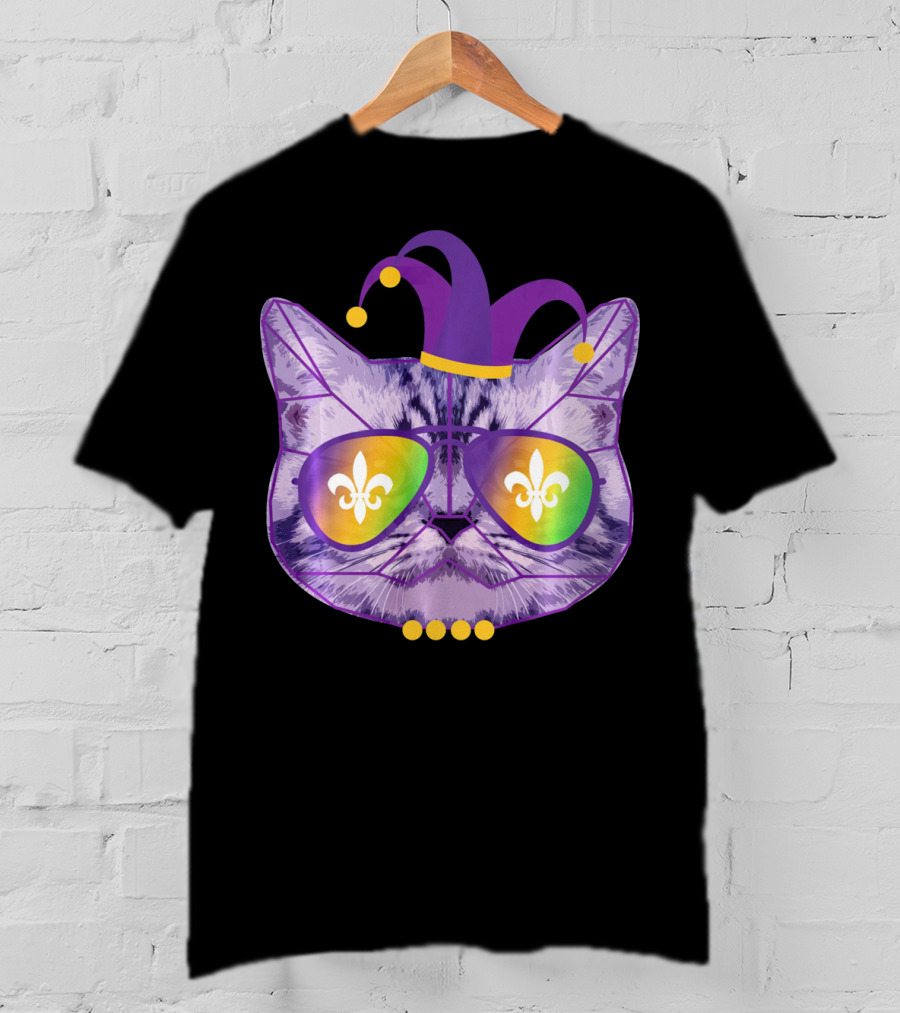 Funny Cat Jester Mask Sunglasses Cat Lover Fleur-de-lis T-Shirt