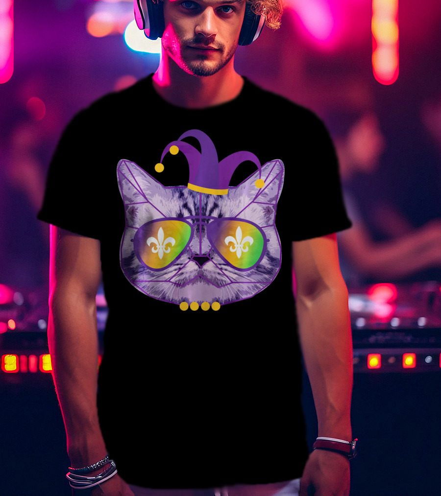 Funny Cat Jester Mask Sunglasses Cat Lover Fleur-de-lis T-Shirt
