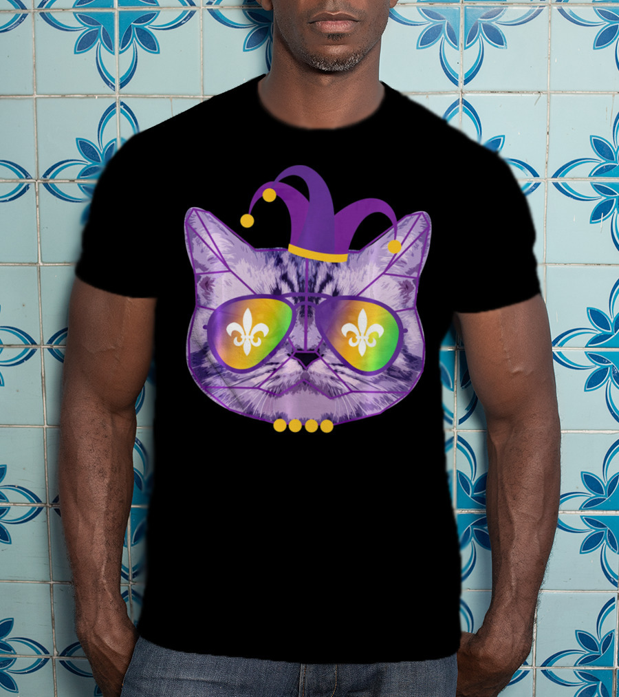 Funny Cat Jester Mask Sunglasses Cat Lover Fleur-de-lis T-Shirt