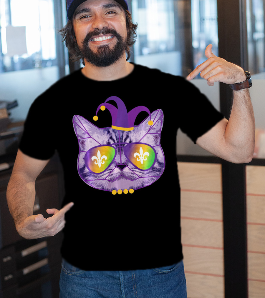 Funny Cat Jester Mask Sunglasses Cat Lover Fleur-de-lis T-Shirt