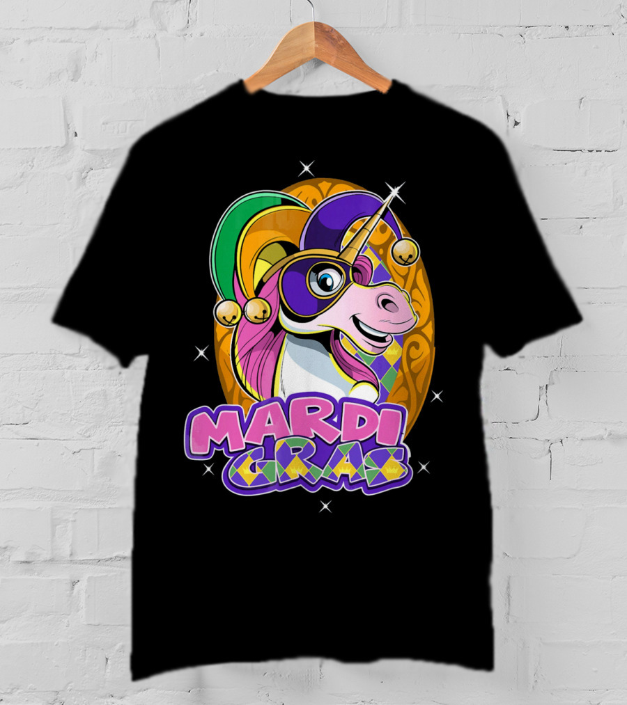 Mardi Gras Unicorn With Jester Hat And Masquerade Mask T-Shirt