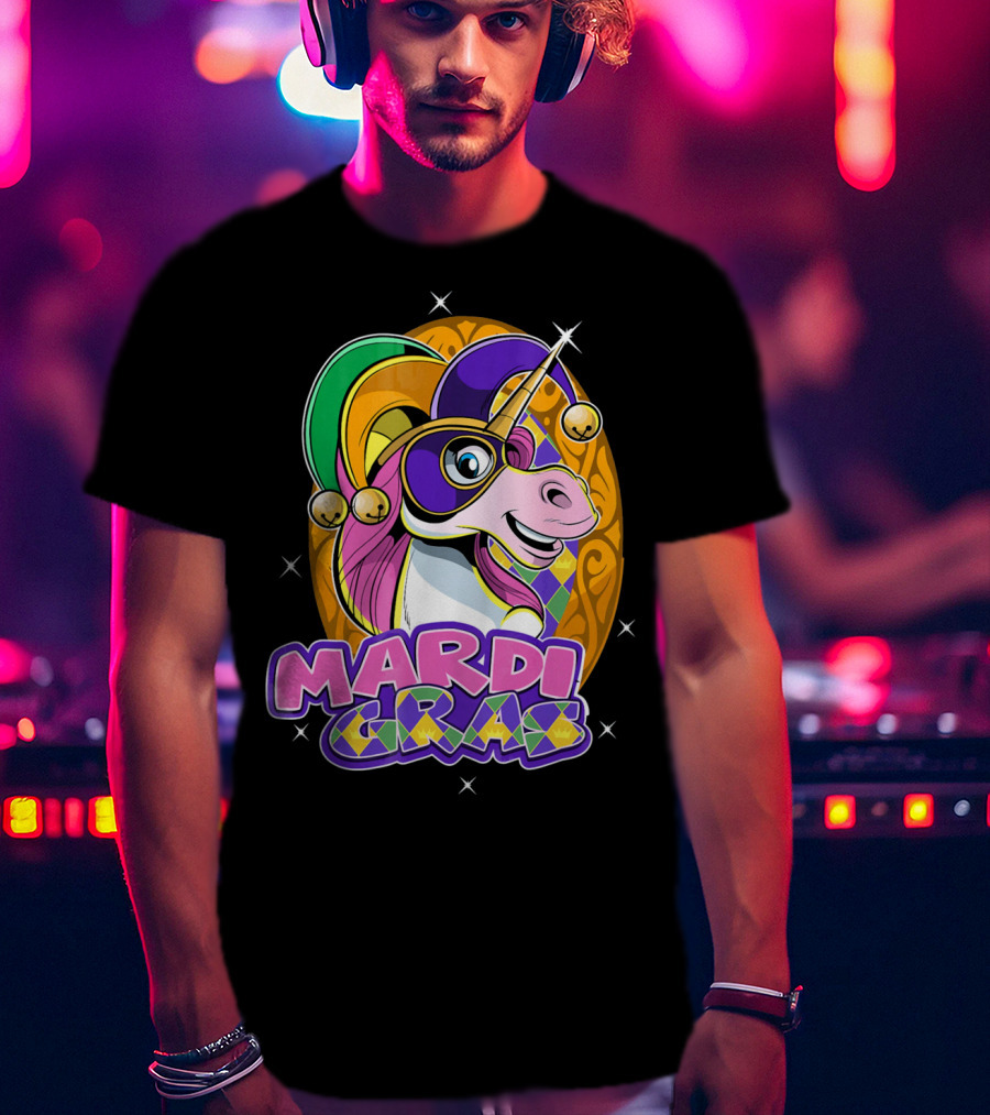 Mardi Gras Unicorn With Jester Hat And Masquerade Mask T-Shirt