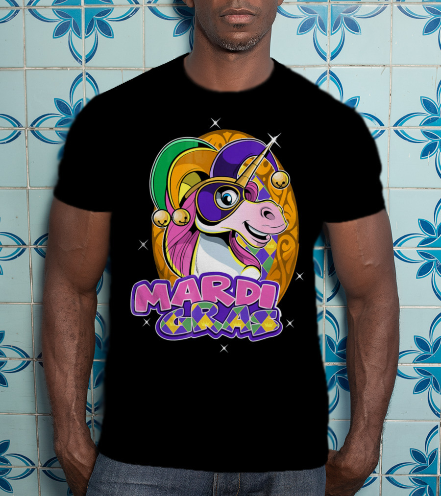 Mardi Gras Unicorn With Jester Hat And Masquerade Mask T-Shirt