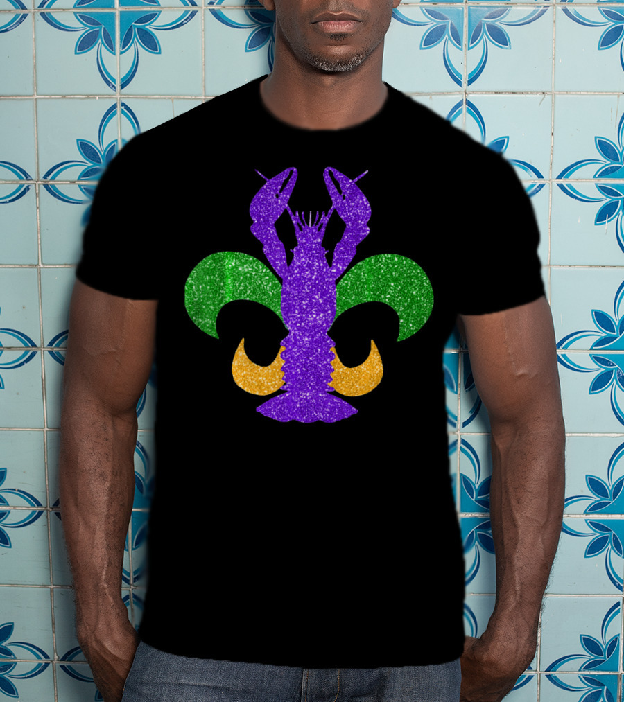 Awesome Mardi Gras Fleur De Lis Crawfish Glitter T-Shirt