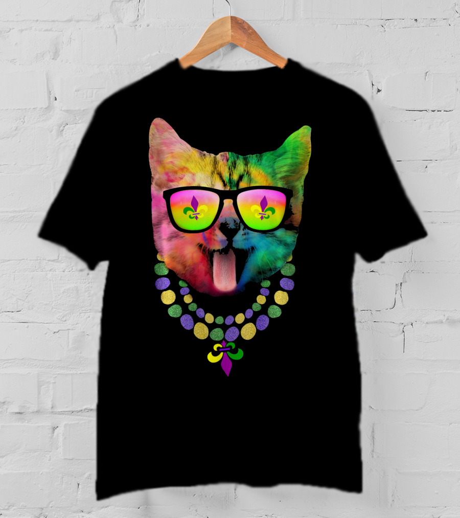 Cool Cat Mardi Gras Costume With Colorful Beads And Sunglasses Fleur-de-Lis T-Shirt