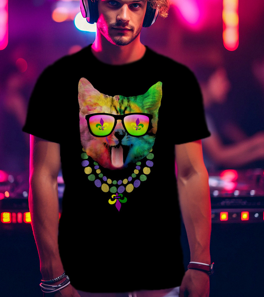 Cool Cat Mardi Gras Costume With Colorful Beads And Sunglasses Fleur-de-Lis T-Shirt