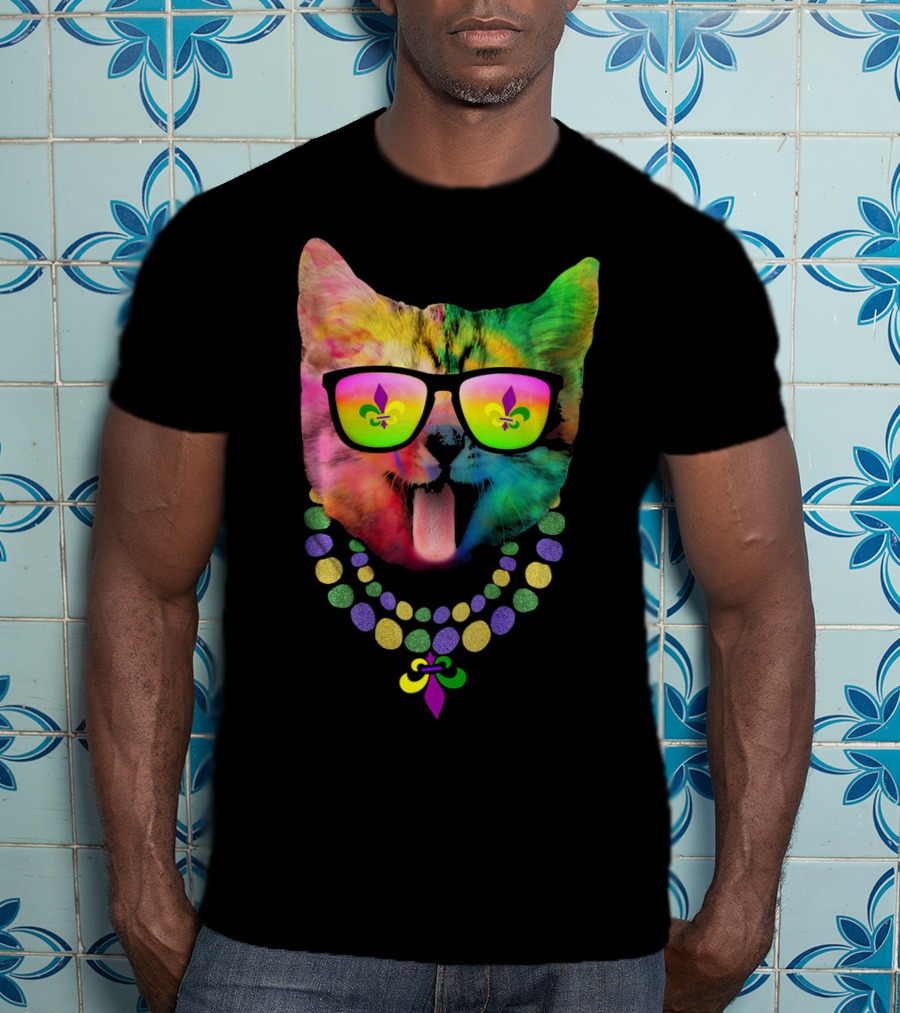 Cool Cat Mardi Gras Costume With Colorful Beads And Sunglasses Fleur-de-Lis T-Shirt