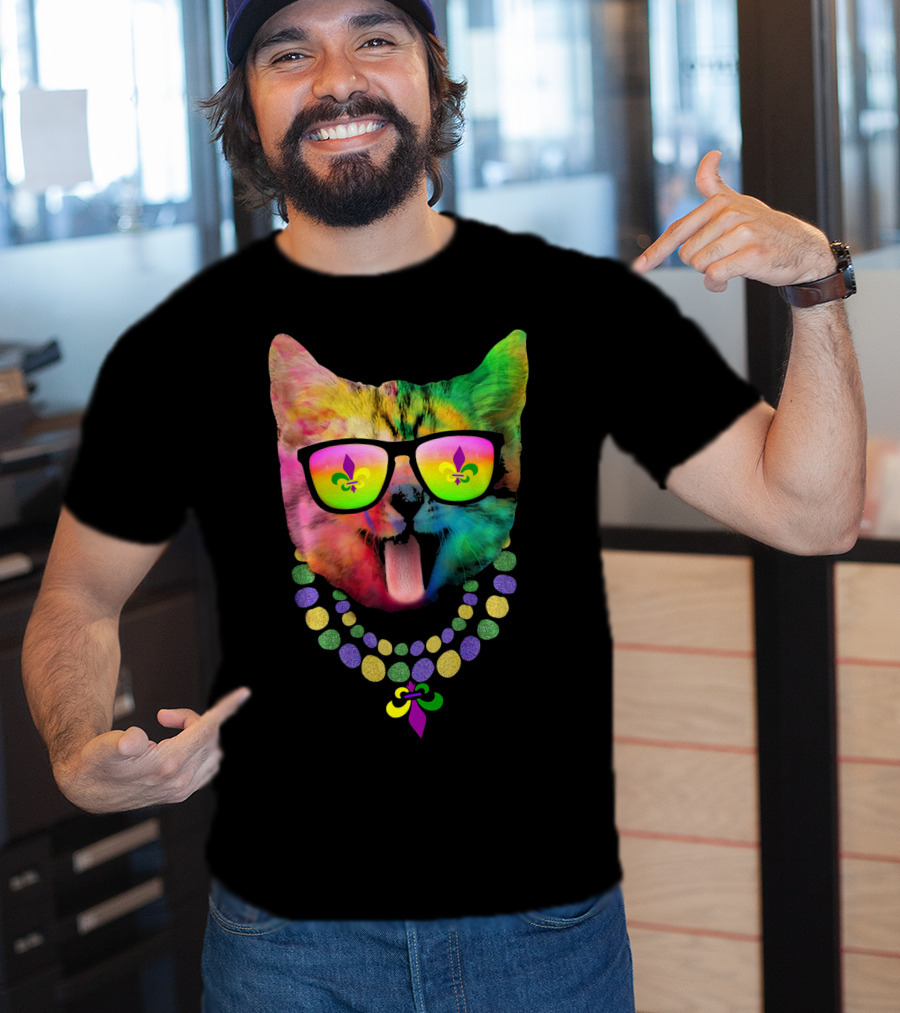 Cool Cat Mardi Gras Costume With Colorful Beads And Sunglasses Fleur-de-Lis T-Shirt