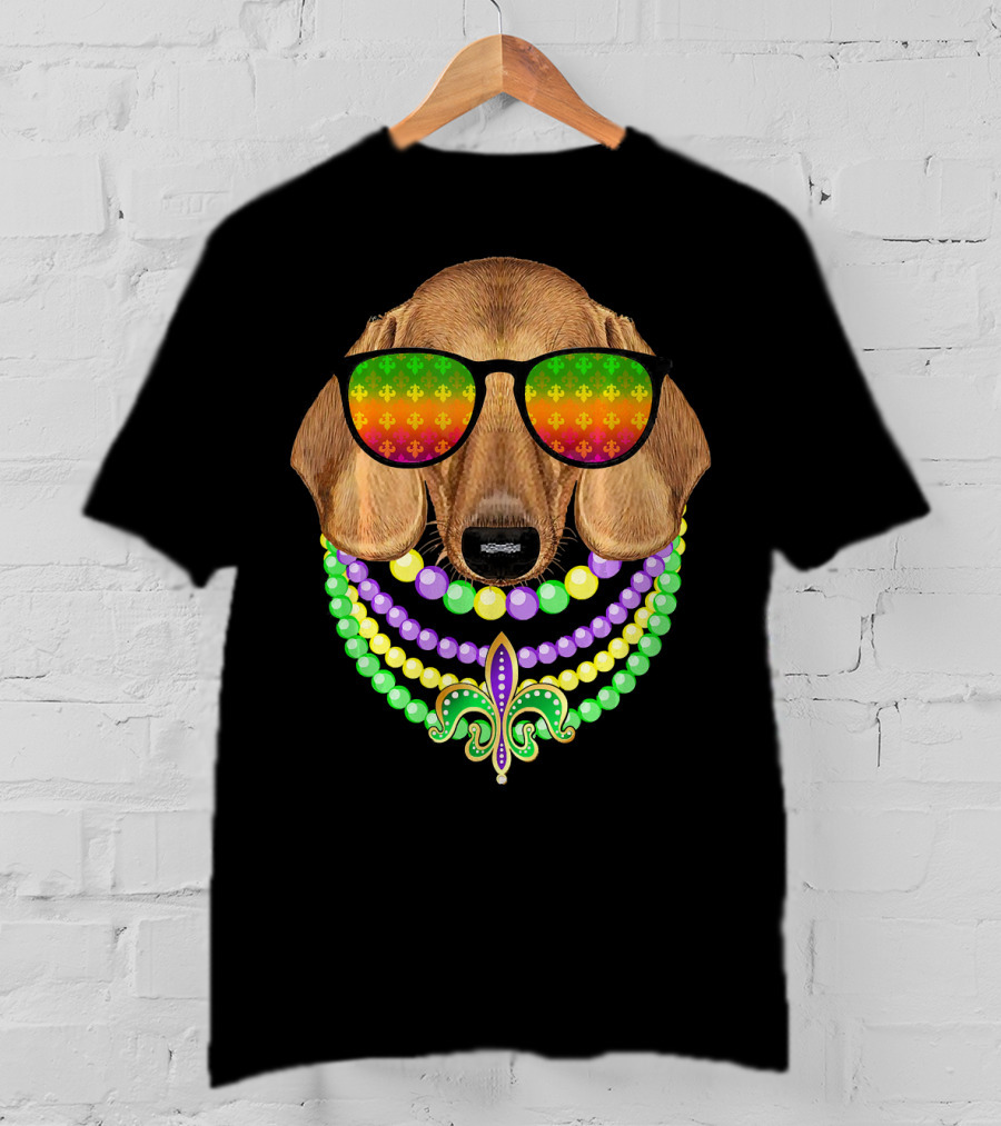 Mardi Gras Dachshund Beads Fleur-de-Lis Sunglasses T-Shirt