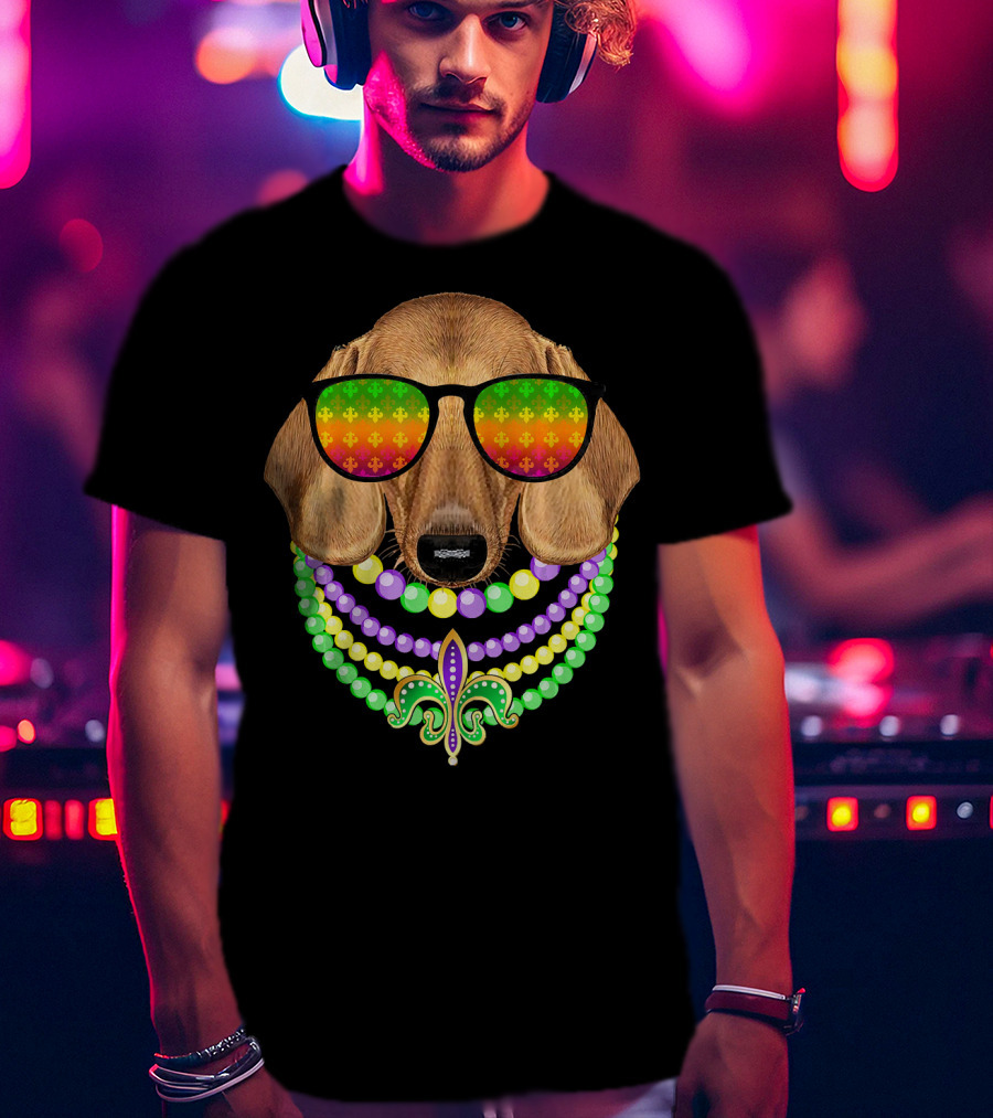 Mardi Gras Dachshund Beads Fleur-de-Lis Sunglasses T-Shirt