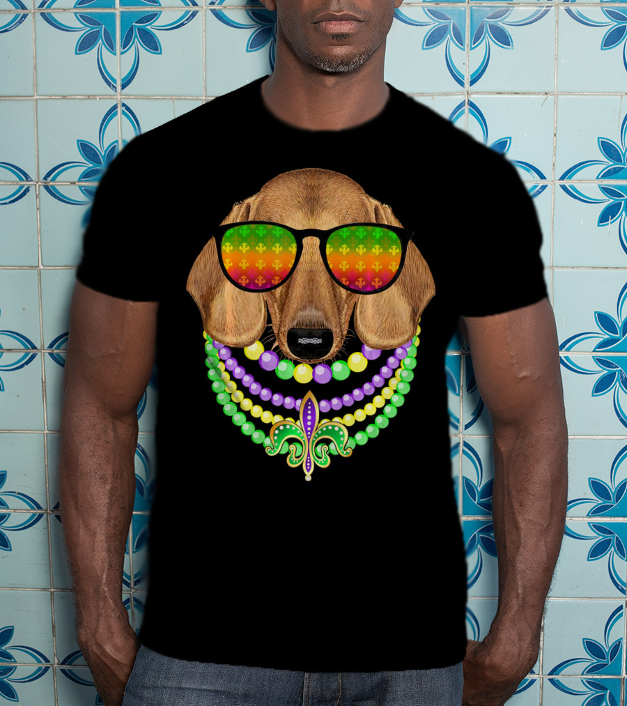 Mardi Gras Dachshund Beads Fleur-de-Lis Sunglasses T-Shirt