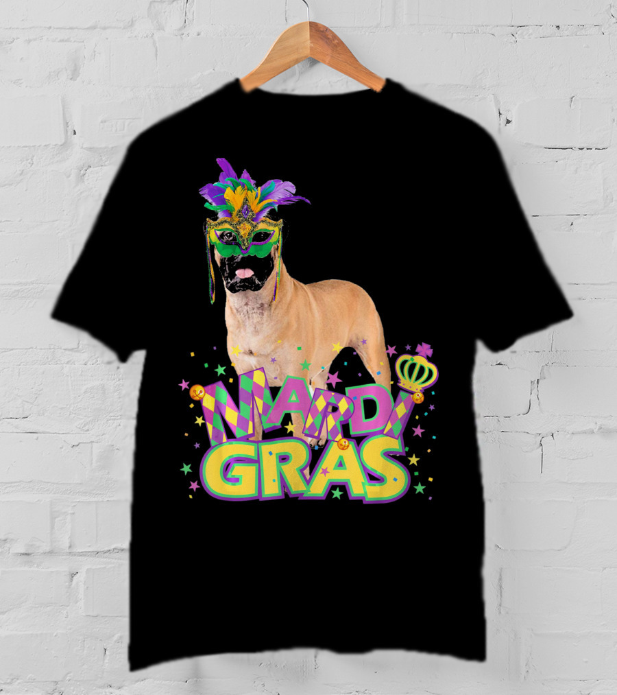 Mardi Gras Bullmastiff Mask Feathers Stars T-Shirt