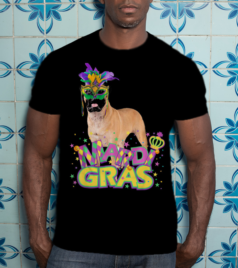 Mardi Gras Bullmastiff Mask Feathers Stars T-Shirt