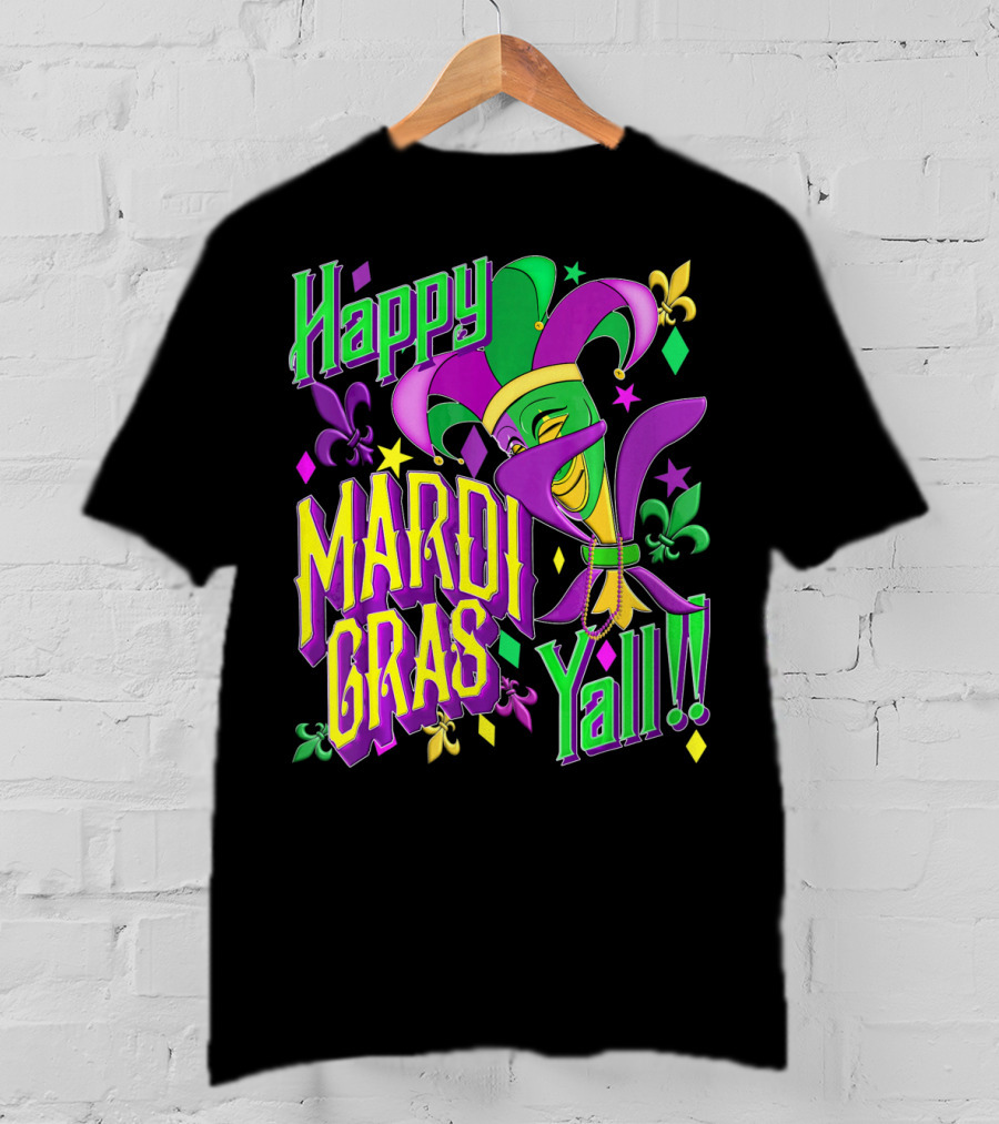 Happy Mardi Gras Yall Jester Mask Fleur De Lis T-Shirt