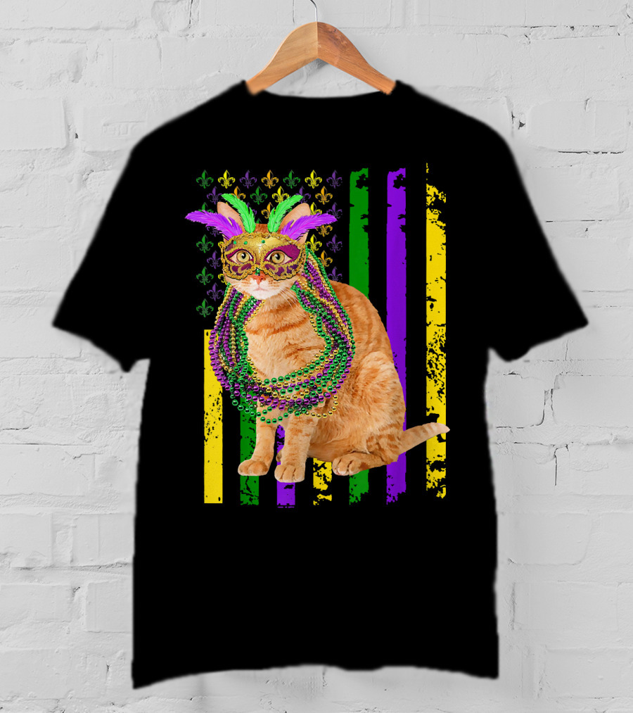 Mardi Gras Cat With Beads And Mask On Fleur-de-Lis American Flag Background T-Shirt