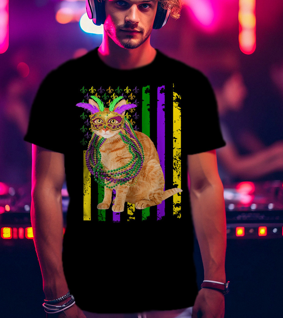 Mardi Gras Cat With Beads And Mask On Fleur-de-Lis American Flag Background T-Shirt