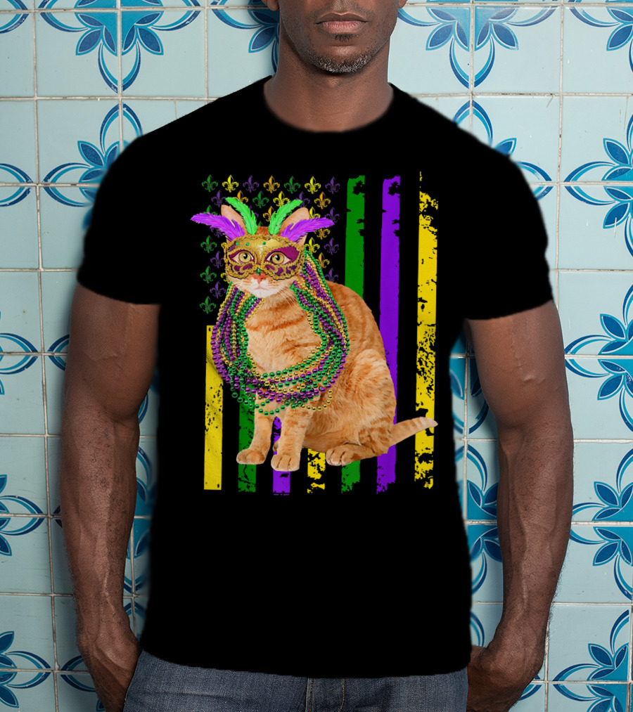 Mardi Gras Cat With Beads And Mask On Fleur-de-Lis American Flag Background T-Shirt