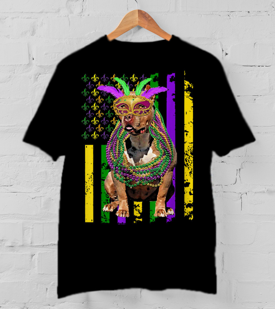 Pitbull Wearing Mardi Gras Beads And Mask With American Flag And Fleur De Lis T-Shirt