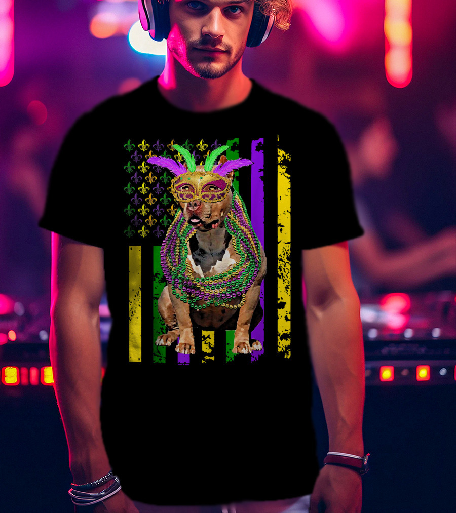 Pitbull Wearing Mardi Gras Beads And Mask With American Flag And Fleur De Lis T-Shirt