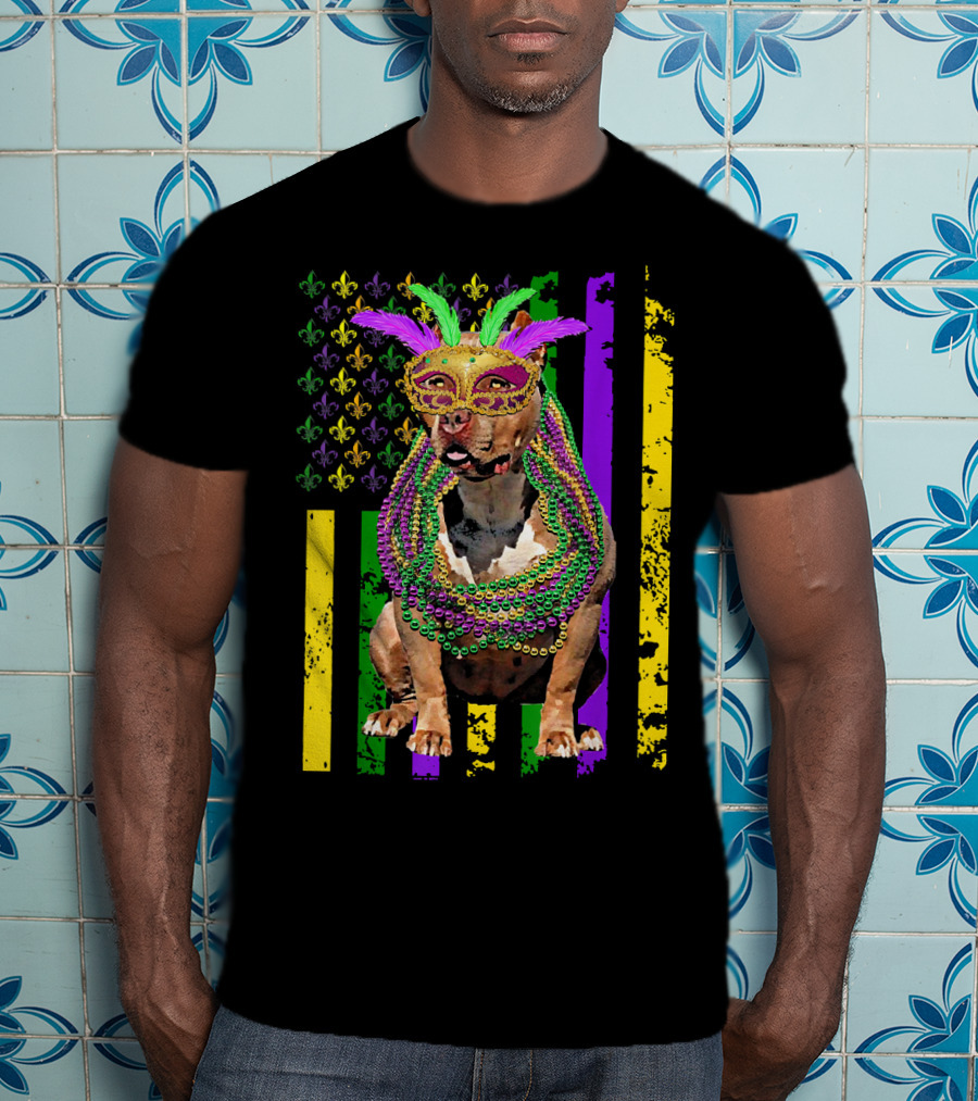 Pitbull Wearing Mardi Gras Beads And Mask With American Flag And Fleur De Lis T-Shirt