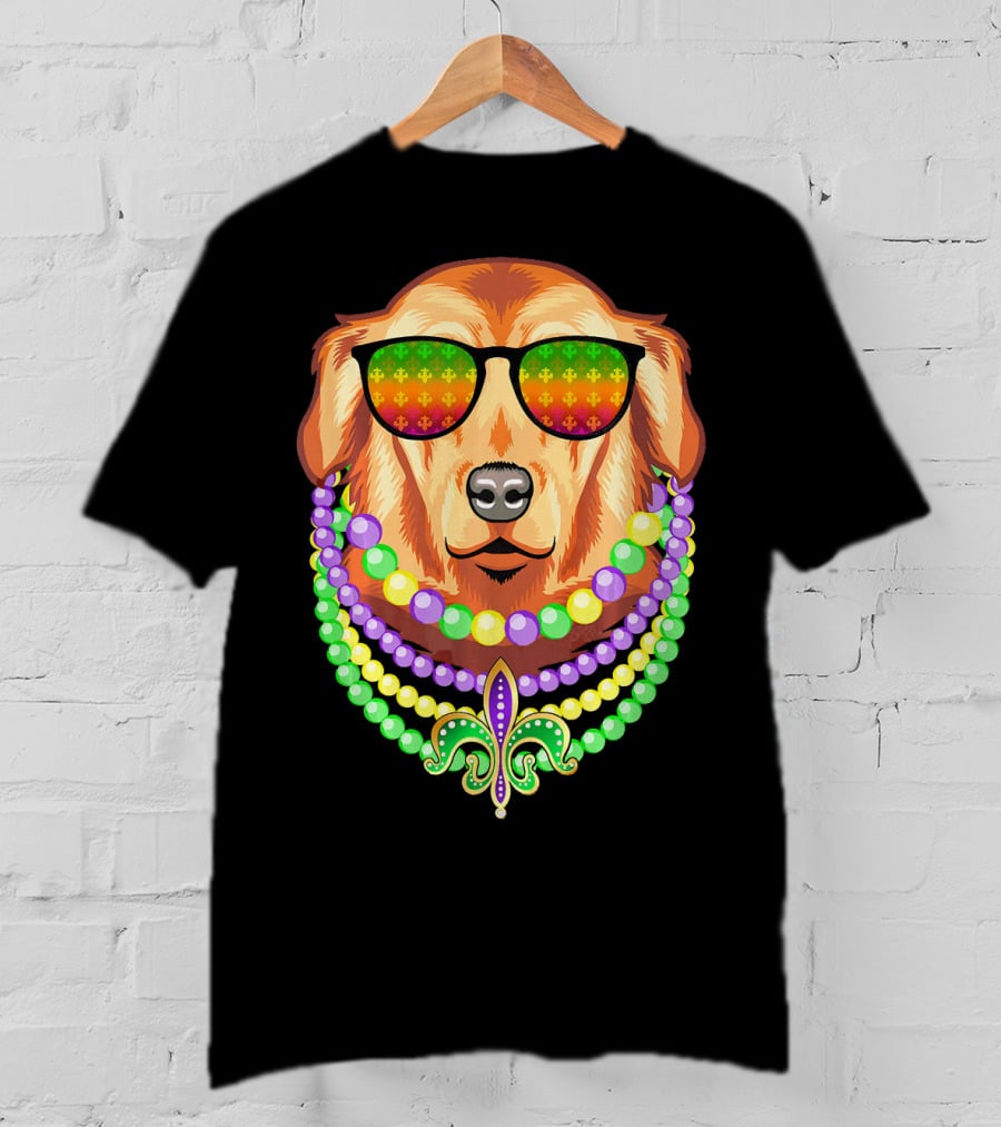 Beads And Golden Retriever Mardi Gras Fleur-de-Lis Colorful Glam Co T-Shirt