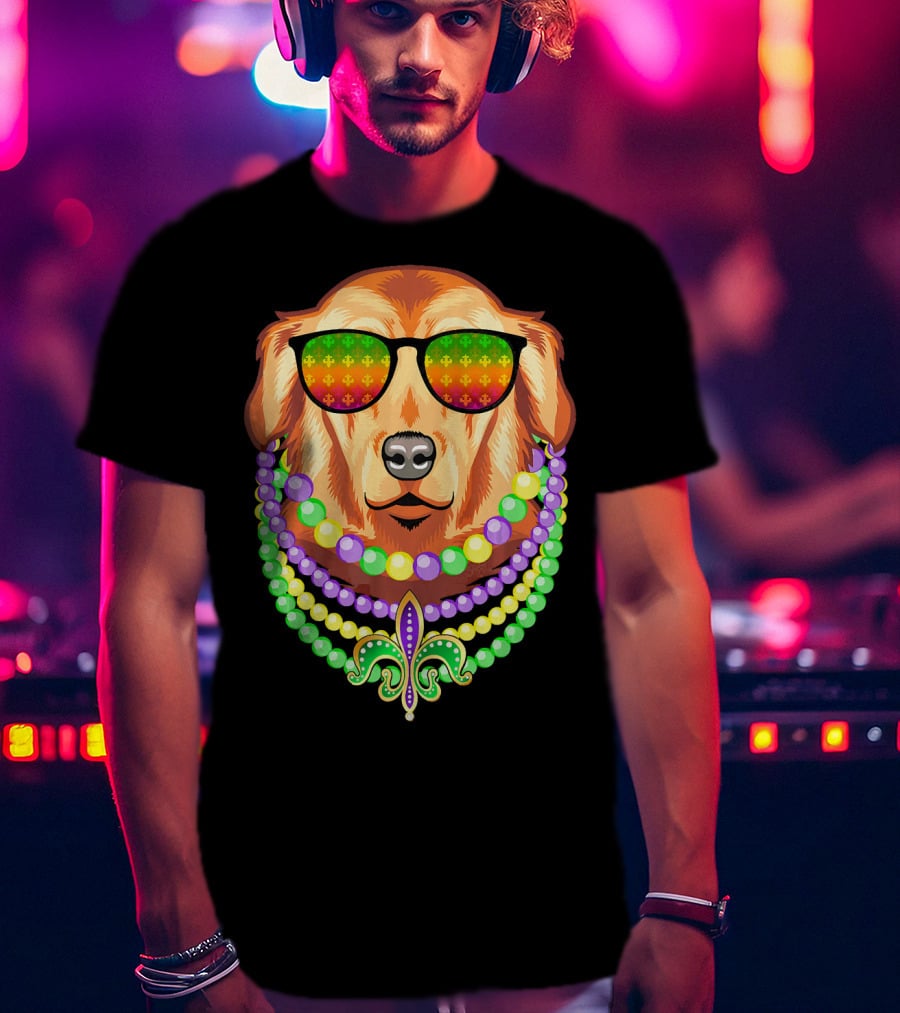 Beads And Golden Retriever Mardi Gras Fleur-de-Lis Colorful Glam Co T-Shirt