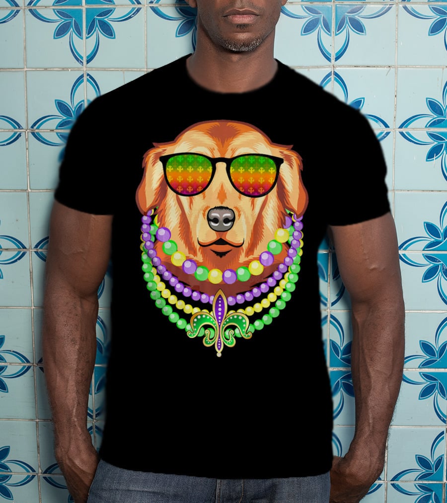 Beads And Golden Retriever Mardi Gras Fleur-de-Lis Colorful Glam Co T-Shirt