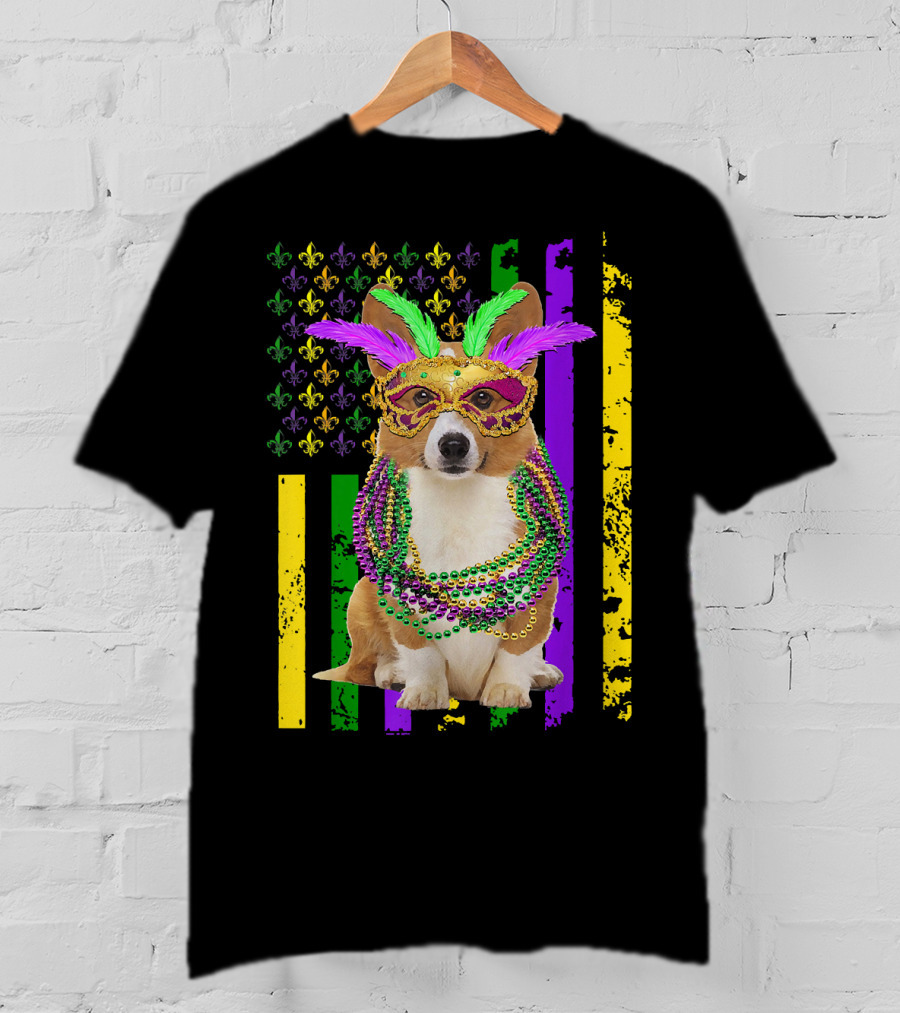 Corgi Mardi Gras American Flag With Beads And Mask T-Shirt