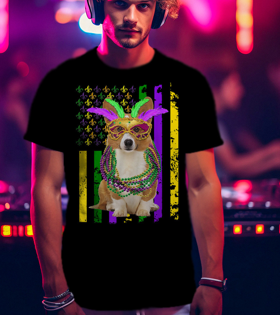 Corgi Mardi Gras American Flag With Beads And Mask T-Shirt