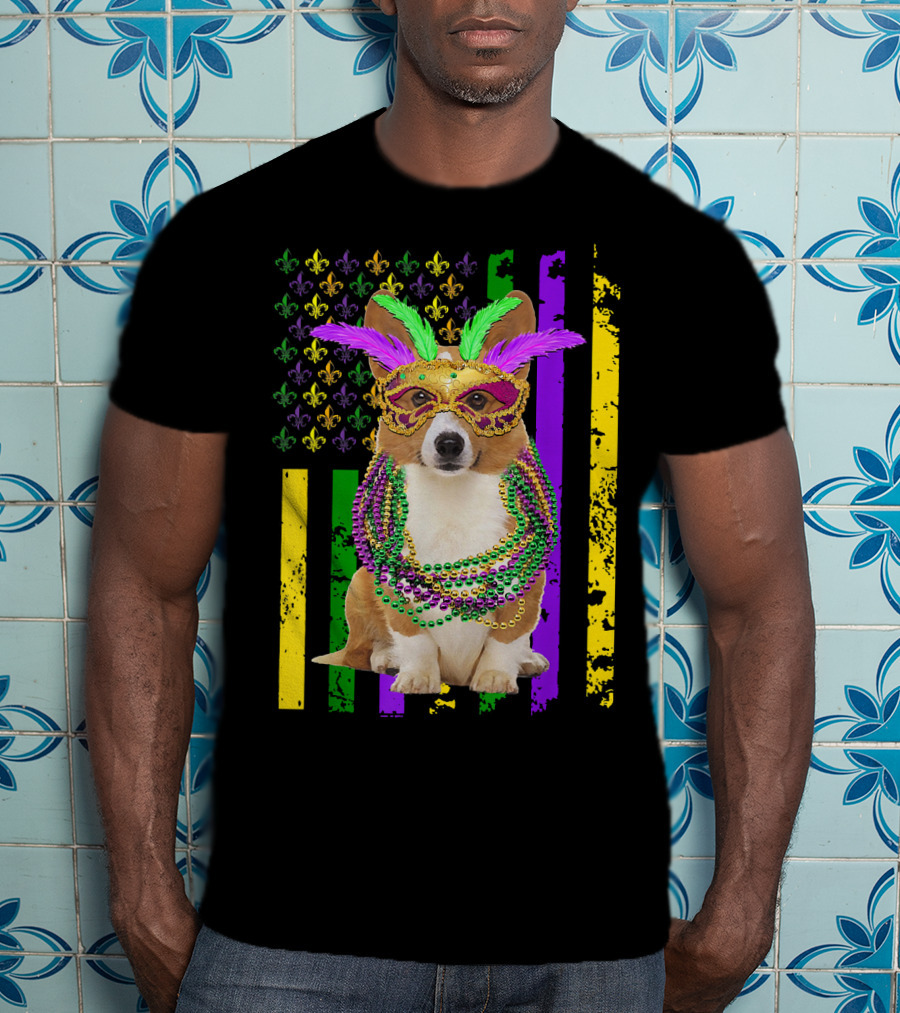 Corgi Mardi Gras American Flag With Beads And Mask T-Shirt