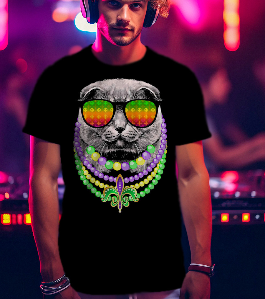 Mardi Gras Cat In Sunglasses With Beads And Fleur-de-Lis T-Shirt