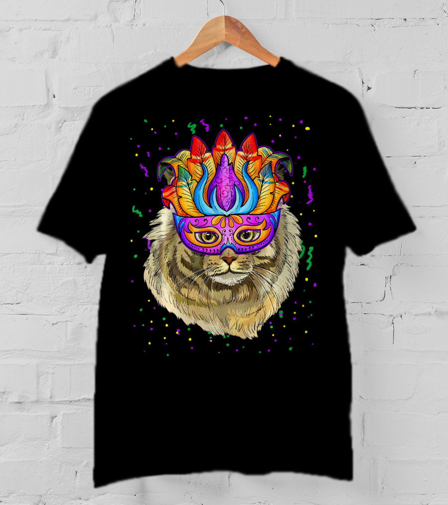 Mardi Gras Maine Coon Cat Colorful Mask Beads Festive T-Shirt