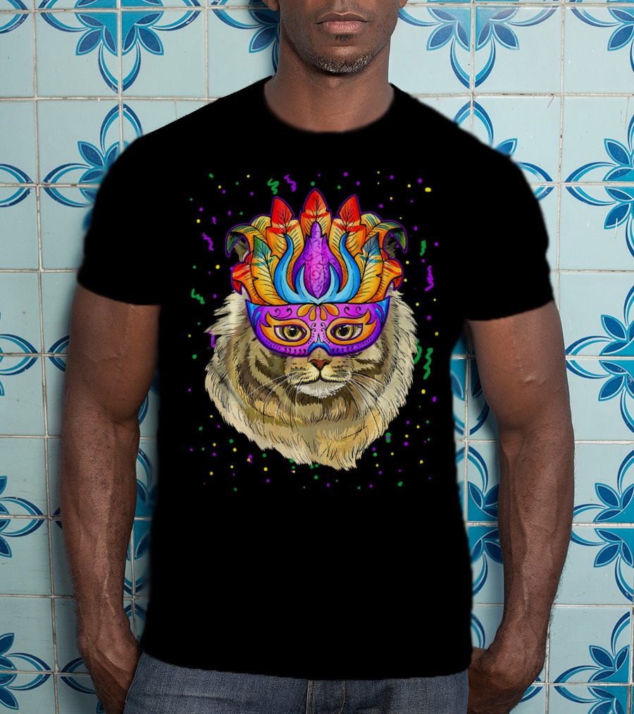 Mardi Gras Maine Coon Cat Colorful Mask Beads Festive T-Shirt