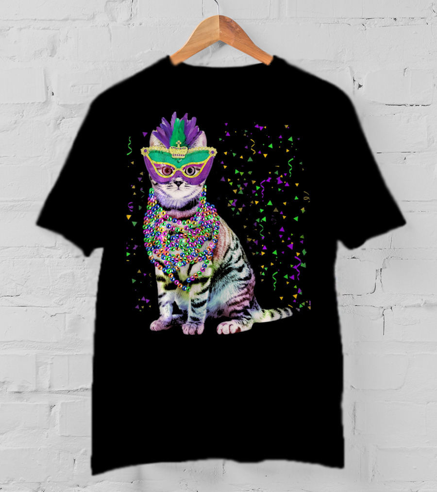 Cat Mardi Gras Beads Confetti Mask T-Shirt