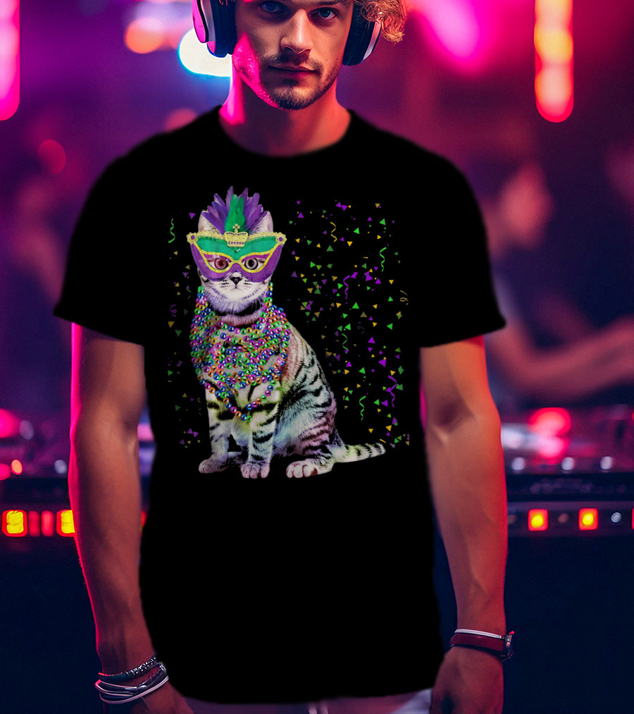 Cat Mardi Gras Beads Confetti Mask T-Shirt