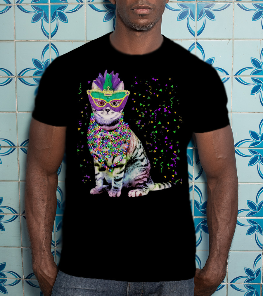 Cat Mardi Gras Beads Confetti Mask T-Shirt