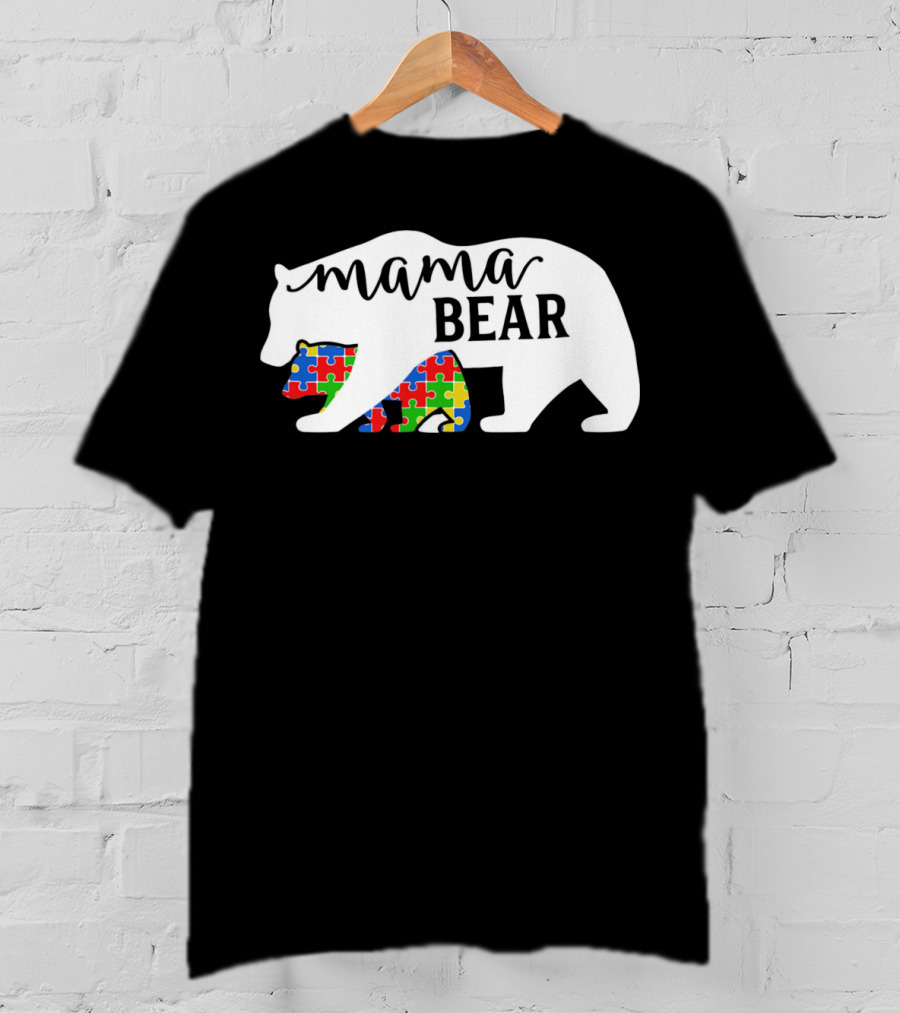 Mama Bear Autism Awareness Month Puzzle Silhouette Fam T-Shirt