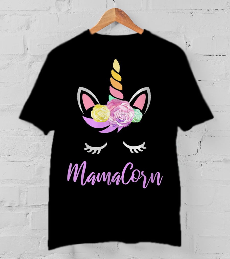Mamacorn Unicorn Floral Roses Horn Ears And Lashes T-Shirt