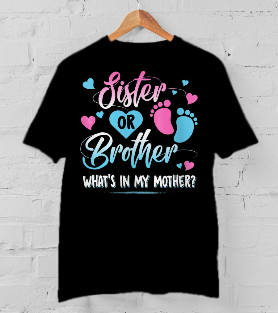 Sister Or Brother What's In My Mother Heart And Footprints Pink Blue Hearts T-Shirt