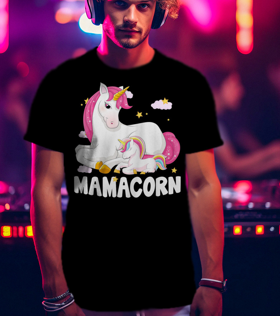 Mamacorn Unicorn New Mom Baby Momm With Stars And Clouds T-Shirt