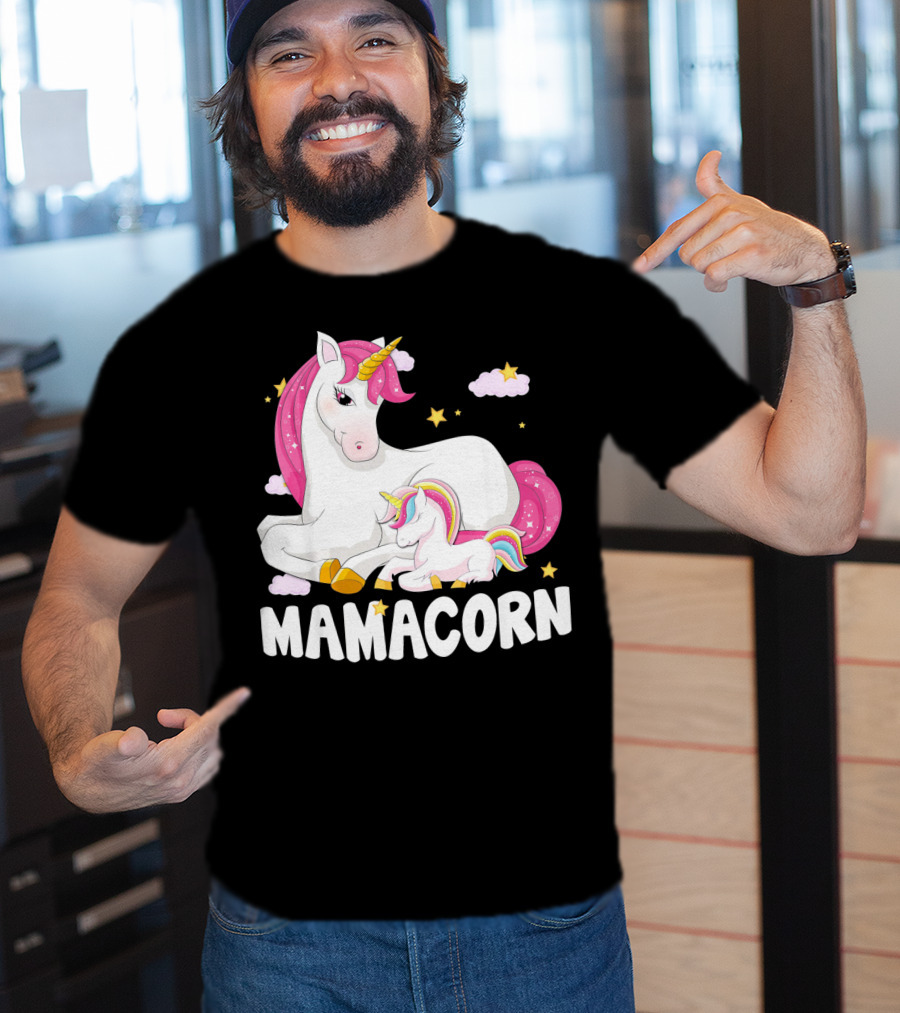 Mamacorn Unicorn New Mom Baby Momm With Stars And Clouds T-Shirt