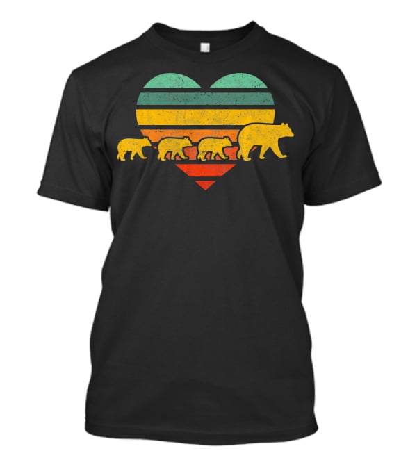Mama Bear Three Cubs Striped Retro Heart Vintage Look T-Shirt