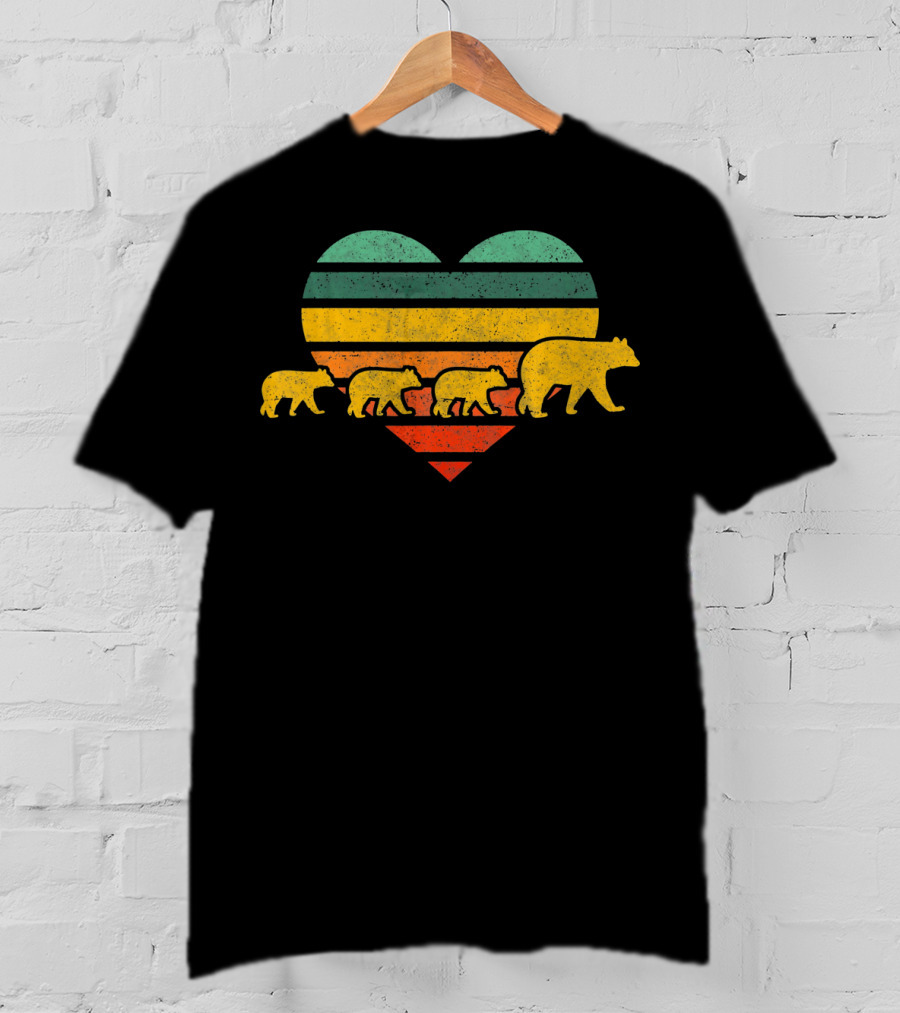 Mama Bear Three Cubs Striped Retro Heart Vintage Look T-Shirt