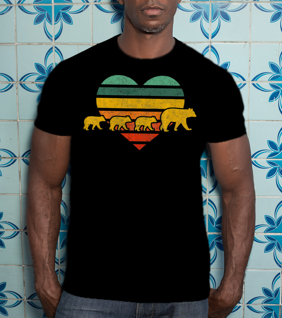 Mama Bear Three Cubs Striped Retro Heart Vintage Look T-Shirt