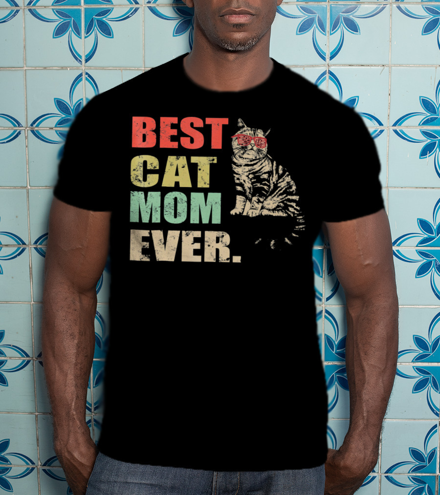Best Cat Mom Ever Retro Cool Cat Design Matching Family T-Shirt
