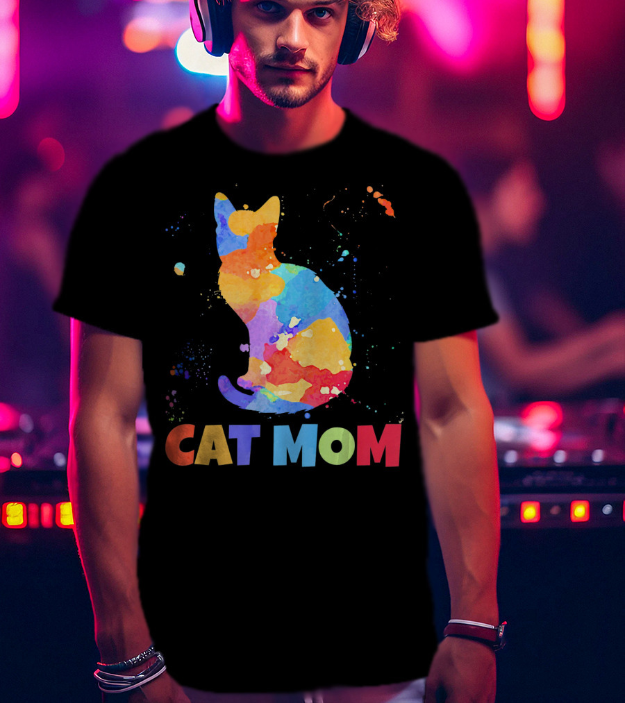 CAT MOM Colorful Watercolor Silhouette With Splash T-Shirt