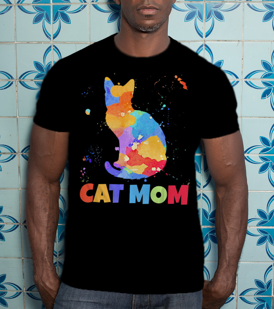 CAT MOM Colorful Watercolor Silhouette With Splash T-Shirt