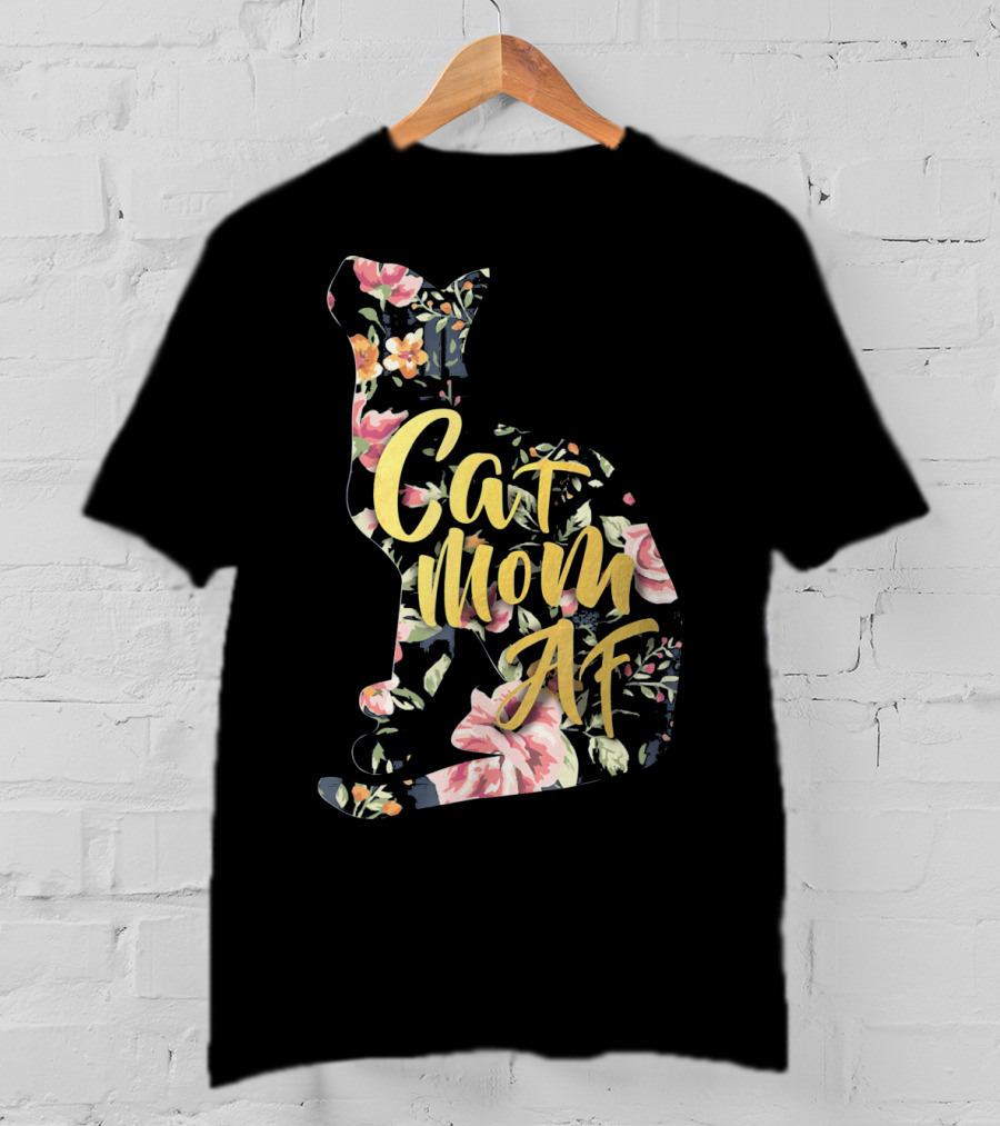 Cat Mom AF Floral Pattern Cat Shape T-Shirt