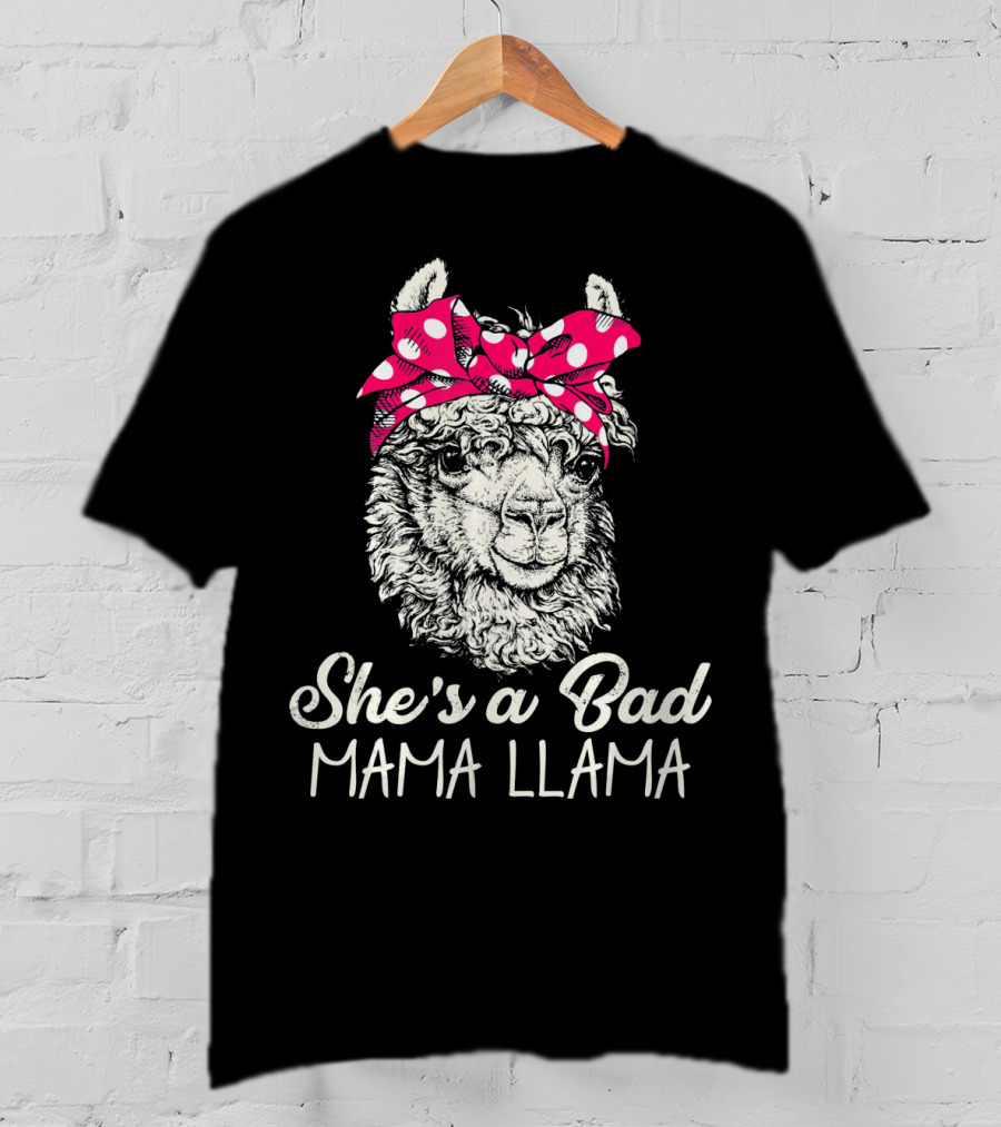 She's A Bad Mama Llama Retro Illustration With Red Polka Dot Headband T-Shirt